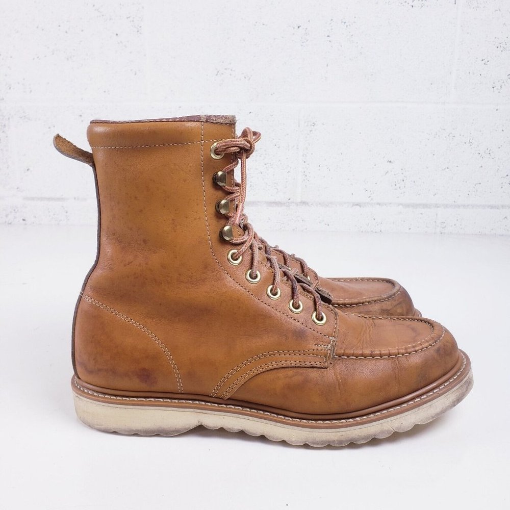 Vintage 70's Men's Moc Toe Tan Leather Lace Up Sportsman Work Boots Size 10.5 D
